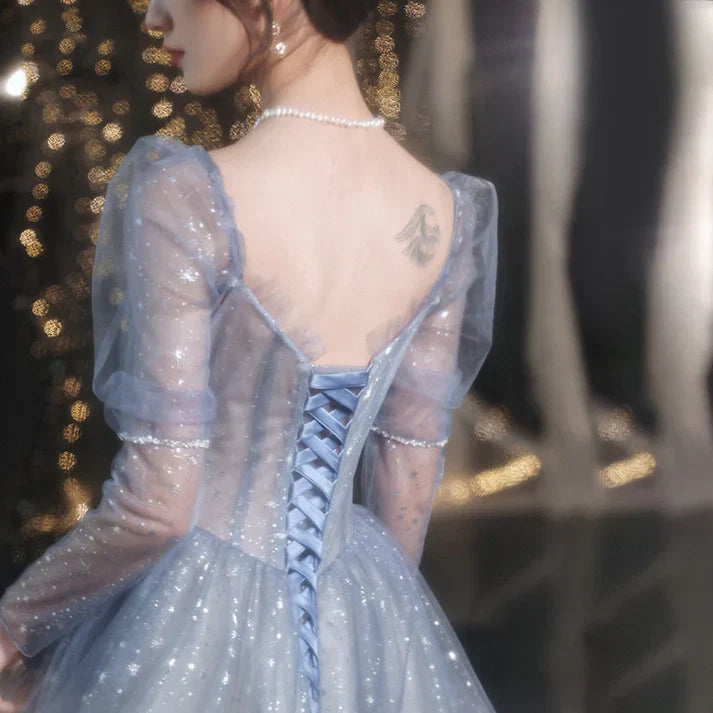 Blue A Line Tulle Prom Dress Sweetheart Shiny Formal Party Gown Princess Dress  MD7631