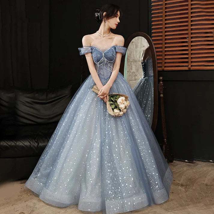 Blue A Line Tulle Prom Dress Sweetheart Shiny Formal Party Gown Princess Dress  MD7631