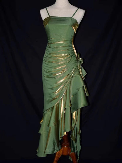 Vintage Spaghetti Straps Sheath Chiffon Ruffled Long Prom Dress MD7643