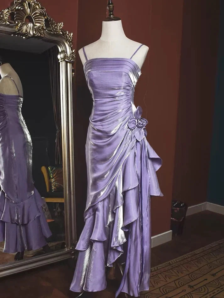 Vintage Spaghetti Straps Sheath Chiffon Ruffled Long Prom Dress MD7643