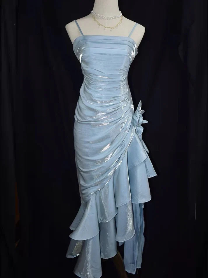 Vintage Spaghetti Straps Sheath Chiffon Ruffled Long Prom Dress MD7643