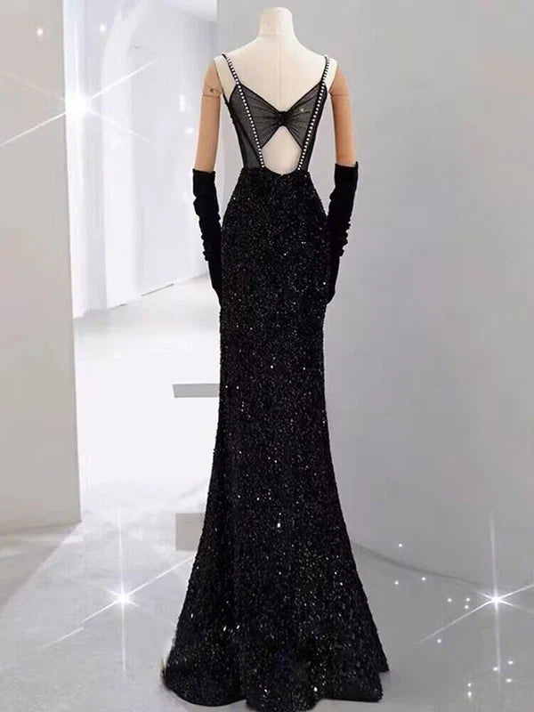 Black Straps Sequin Mermaid Long Prom Dress Evening Gown MD7655