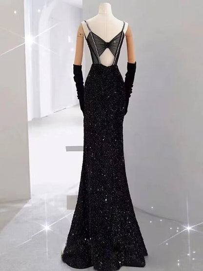 Black Straps Sequin Mermaid Long Prom Dress Evening Gown MD7655