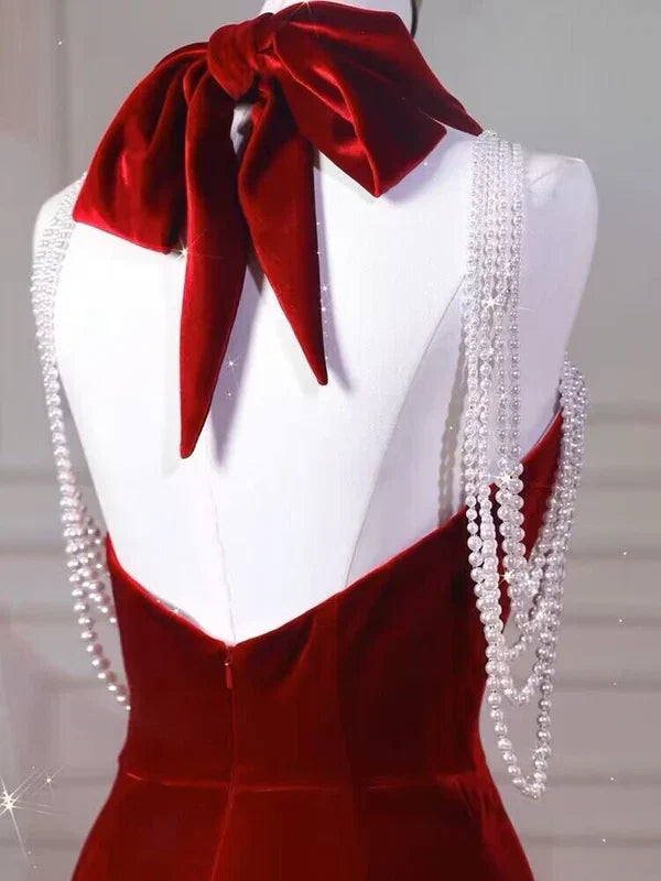 Wine Red Halter Mermaid Velvet Birthday Party Dress Prom Dress  MD7656