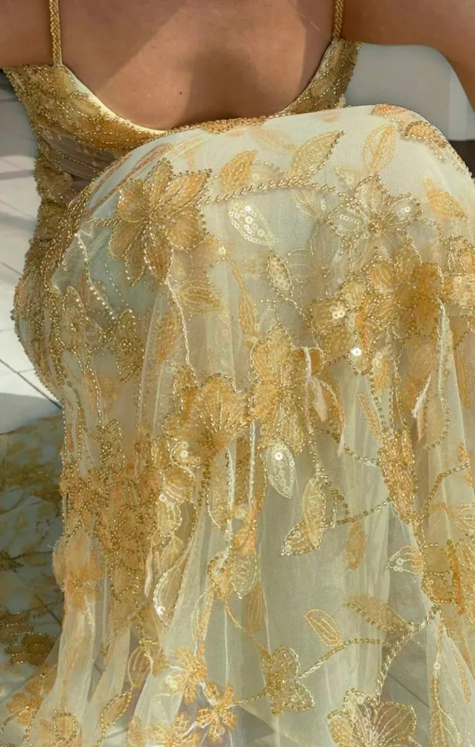 Light Yellow Strpas Beading Lace Mermaid Long Evening Dress MD7660