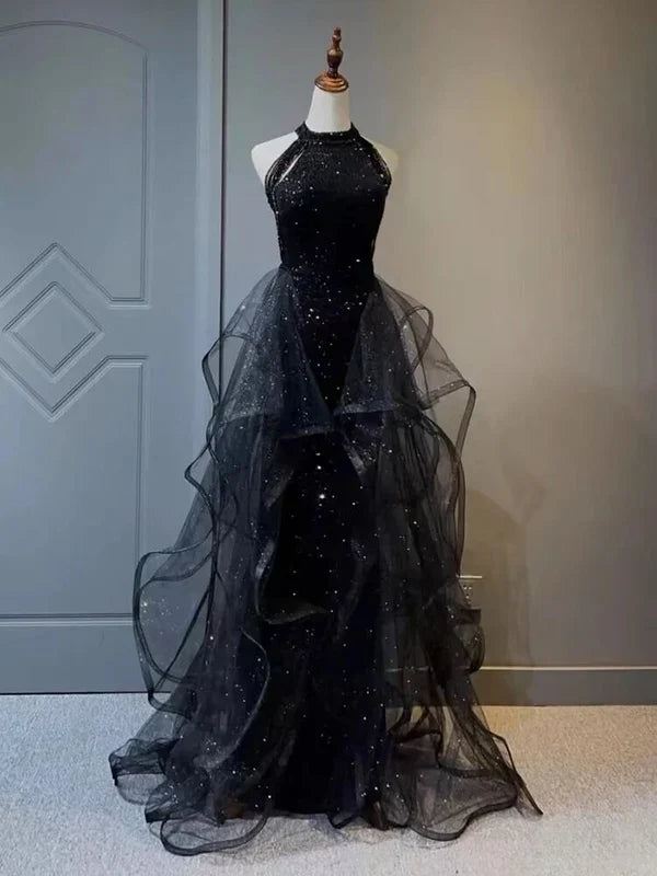 Black Halter A Line Ruffled Evening Dress Long Prom Dress MD7661