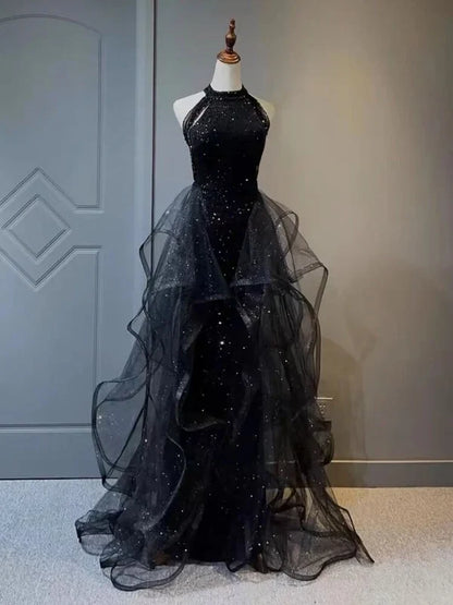Black Halter A Line Ruffled Evening Dress Long Prom Dress MD7661