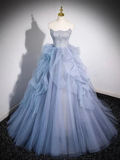 Blue Strapless A-Line Tulle Ball Gown Long Formal Prom Dress MD7669
