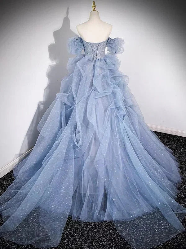 Blue Strapless A-Line Tulle Ball Gown Long Formal Prom Dress MD7669