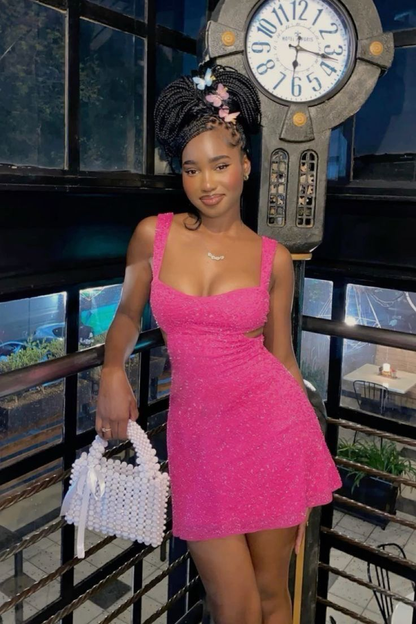 Hot Pink Straps Sheath Short Party Dress Birthday Outfits MD7677