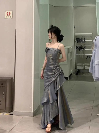 Grey Spaghetti Straps Vintage Sheath Chiffon Long Evening Gown MD7685