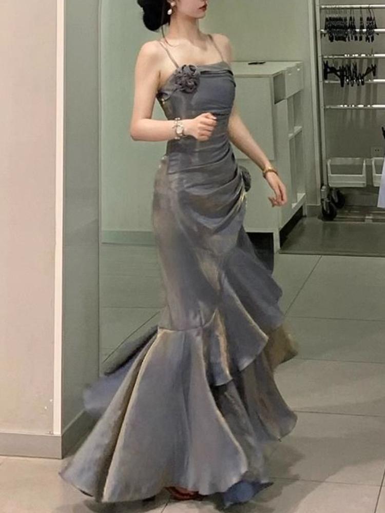 Grey Spaghetti Straps Vintage Sheath Chiffon Long Evening Gown MD7685