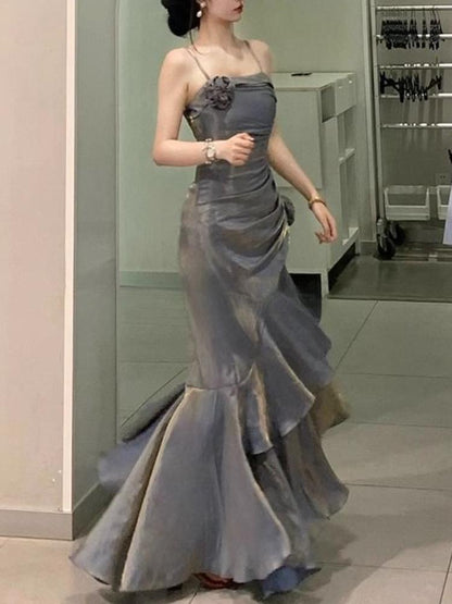 Grey Spaghetti Straps Vintage Sheath Chiffon Long Evening Gown MD7685