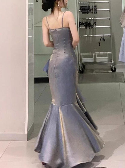Grey Spaghetti Straps Vintage Sheath Chiffon Long Evening Gown MD7685