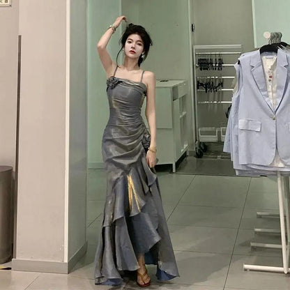 Grey Spaghetti Straps Vintage Sheath Chiffon Long Evening Gown MD7685