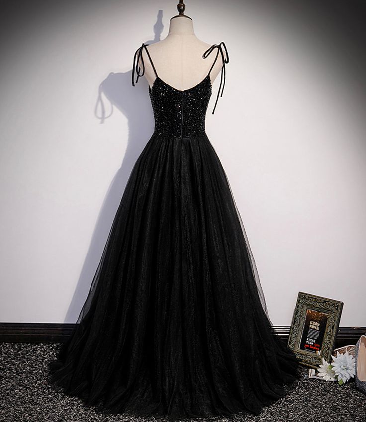 Black Straps A-Line Tulle Sequin Long Formal Party Dress Prom Gown MD7693