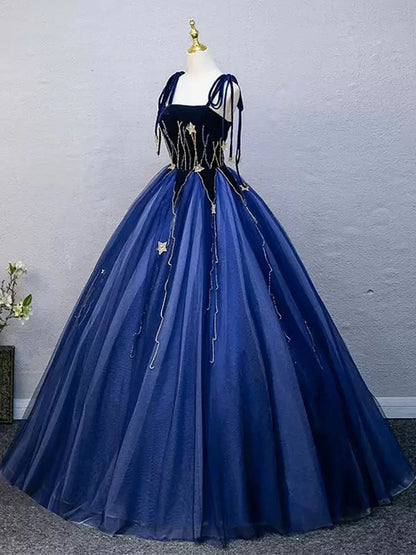Navy Blue Straps A-Line Tulle Formal Ball Gown Evening DressMD7707