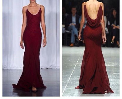 Burgundy Spaghetti Straps Open Back Mermaid Long Formal Evening Gown MD7709