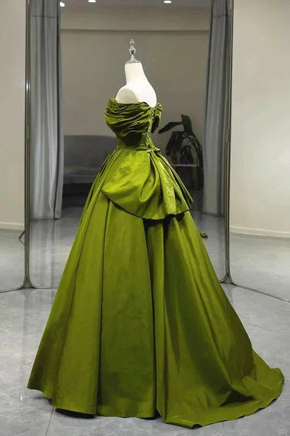 Green A line Off Shoulder Satin Long Party Dress Formal Prom Gown MD7712