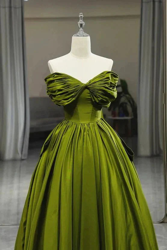 Green A line Off Shoulder Satin Long Party Dress Formal Prom Gown MD7712