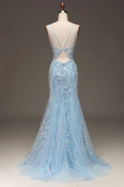Light Blue Sequins Beads Prom Dress Formal Party Dress with Slit MD7719
