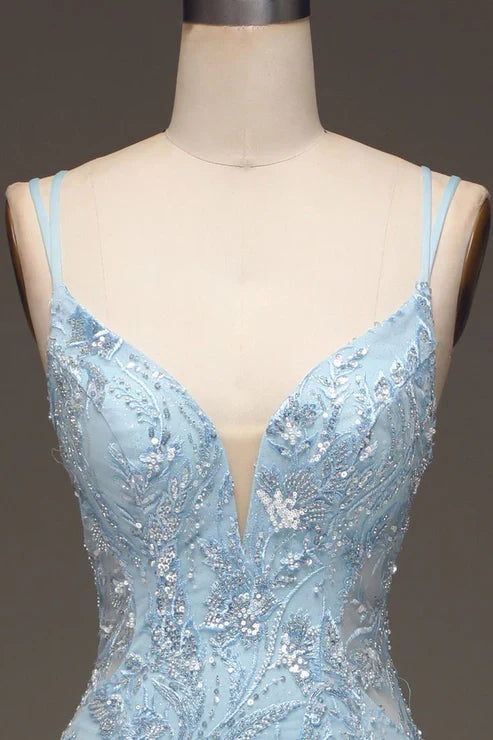 Light Blue Sequins Beads Prom Dress Formal Party Dress with Slit MD7719