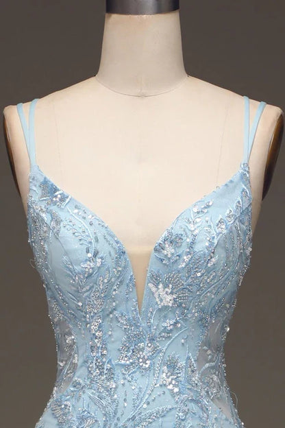 Light Blue Sequins Beads Prom Dress Formal Party Dress with Slit MD7719