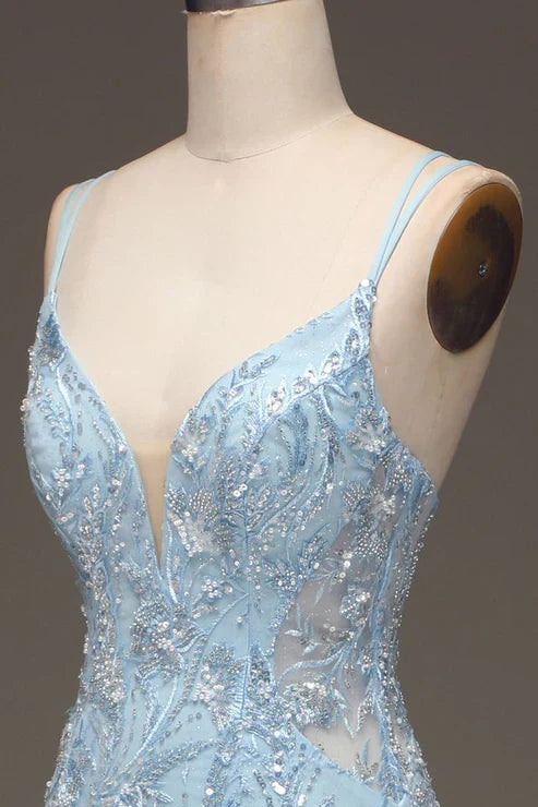 Light Blue Sequins Beads Prom Dress Formal Party Dress with Slit MD7719