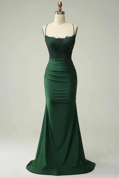 Mermaid Dark Green Long Prom Dress with Appliques Beading MD7726