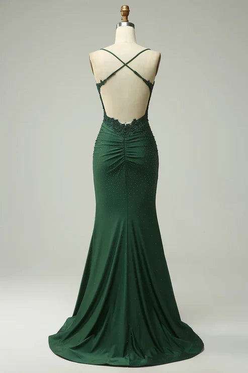 Mermaid Dark Green Long Prom Dress with Appliques Beading MD7726