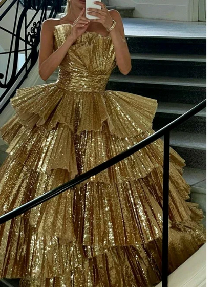Gorgeous Golden Tiered Ball Gown Long Evening Party Dress MD7728