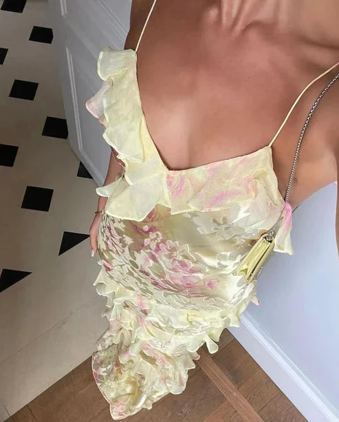 Yellow Spaghetti Straps Ruffle Long Prom Dress with Ruffles MD7729