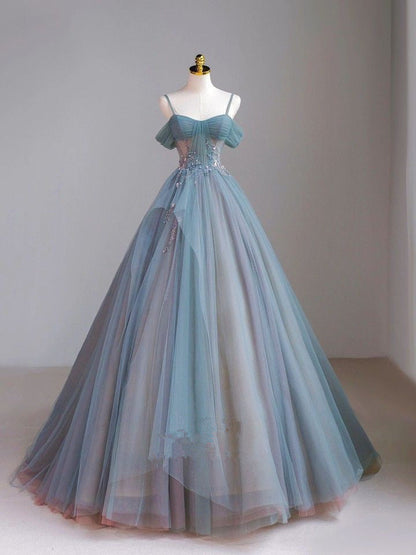 Elegant Straps Off Shoulder A-Line Tulle Long Formal Prom Dress MD7744