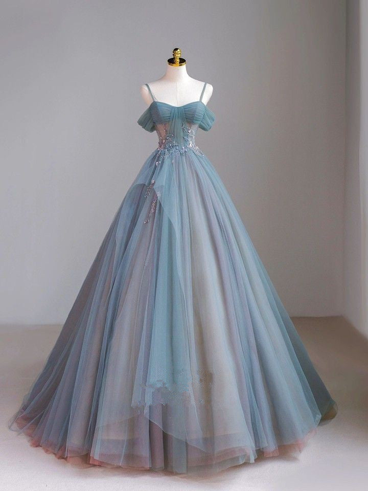 Elegant Straps Off Shoulder A-Line Tulle Long Formal Prom Dress MD7744