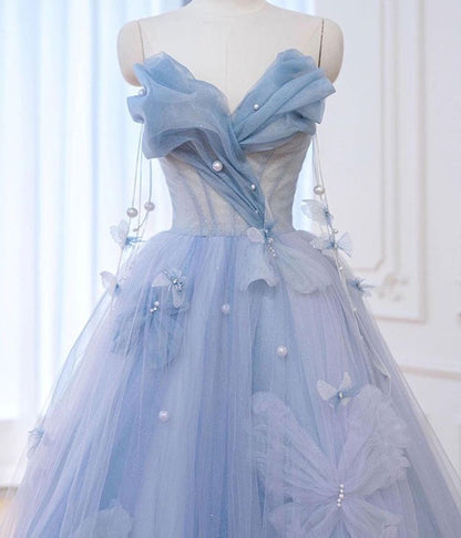 Blue Sweetheart A-Line Appliques Tulle Long Party Dress Evening Gown MD7745