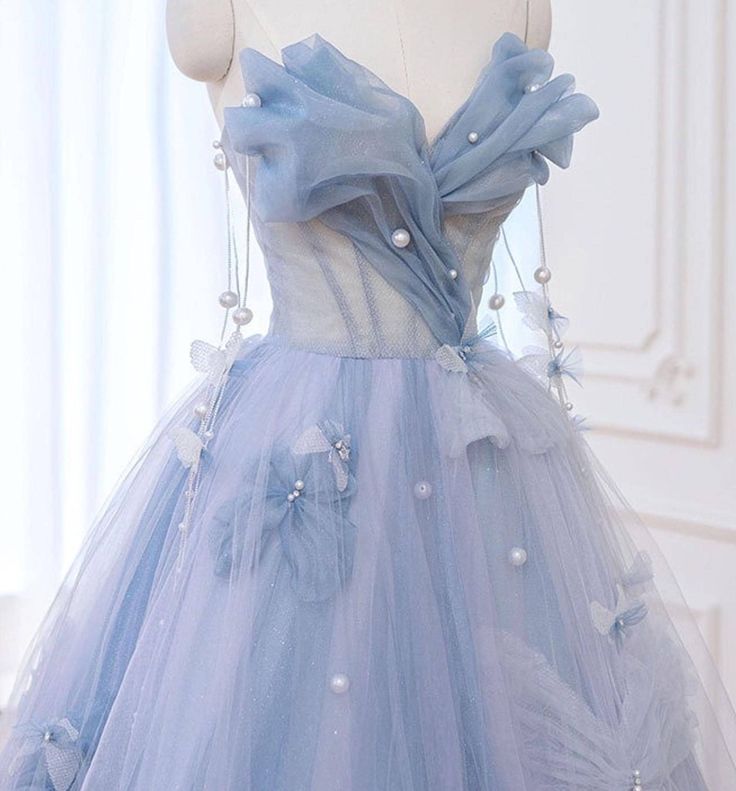 Blue Sweetheart A-Line Appliques Tulle Long Party Dress Evening Gown MD7745
