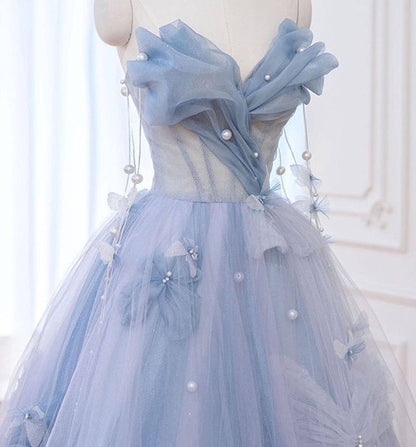 Blue Sweetheart A-Line Appliques Tulle Long Party Dress Evening Gown MD7745