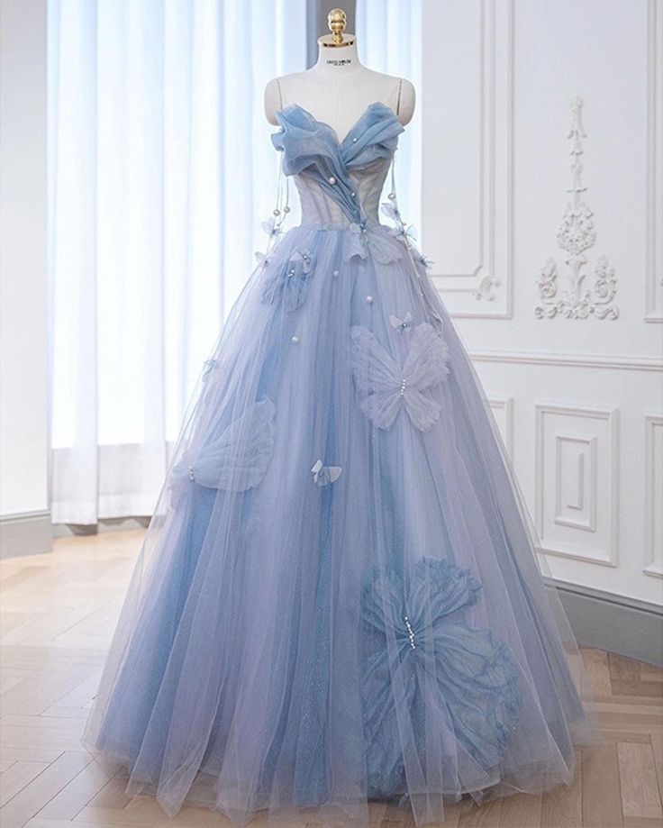 Blue Sweetheart A-Line Appliques Tulle Long Party Dress Evening Gown MD7745