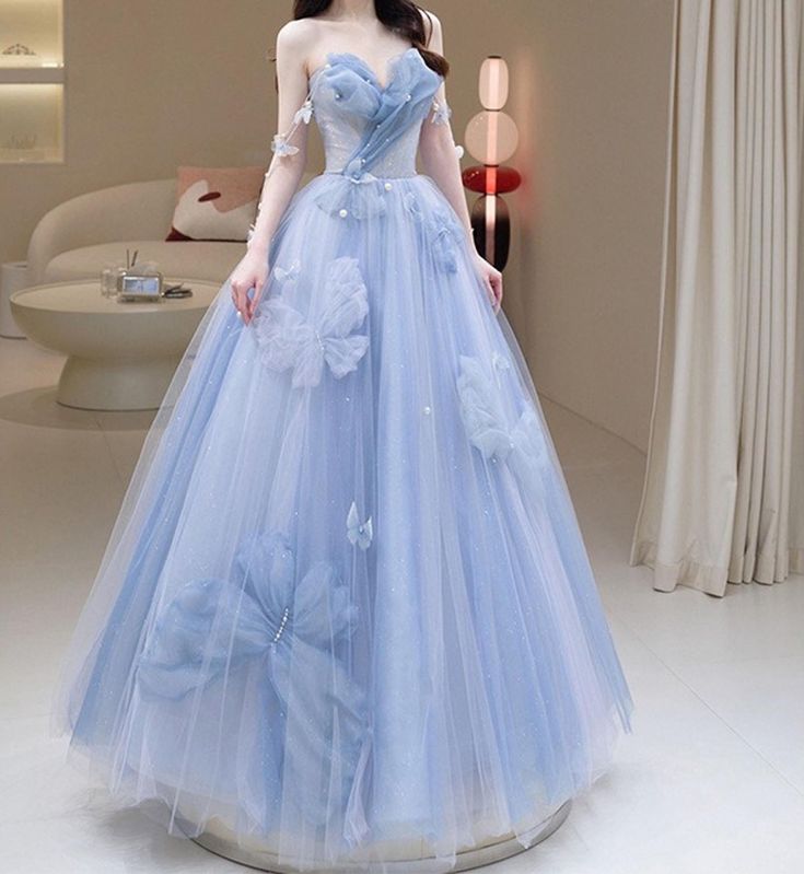 Blue Sweetheart A-Line Appliques Tulle Long Party Dress Evening Gown MD7745