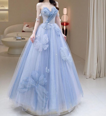 Blue Sweetheart A-Line Appliques Tulle Long Party Dress Evening Gown MD7745