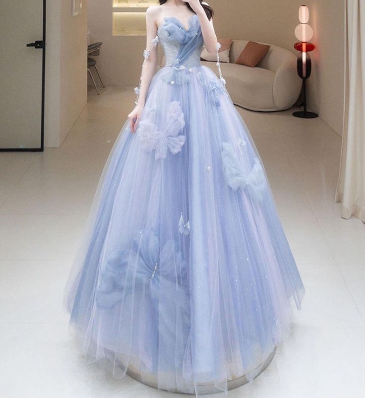 Blue Sweetheart A-Line Appliques Tulle Long Party Dress Evening Gown MD7745