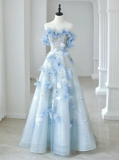 Blue Off Shoulder Sequins Floral Long Prom Dress Birthday Gown MD7778