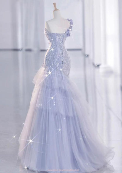 Light Lilac One Shoulder Tulle Sequin Mermaid Long Party Dress MD7787