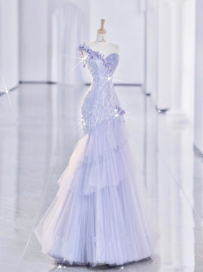 Light Lilac One Shoulder Tulle Sequin Mermaid Long Party Dress MD7787
