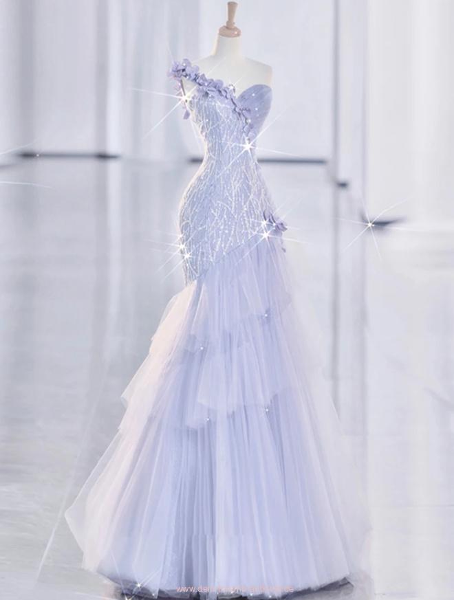 Light Lilac One Shoulder Tulle Sequin Mermaid Long Party Dress MD7787