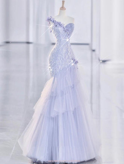 Light Lilac One Shoulder Tulle Sequin Mermaid Long Party Dress MD7787