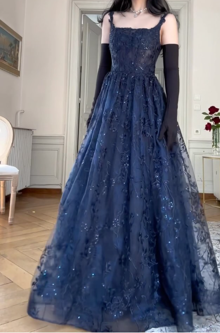 Navy Blue Straps A-Line Lace Long Prom Dress Evening Gown MD7844