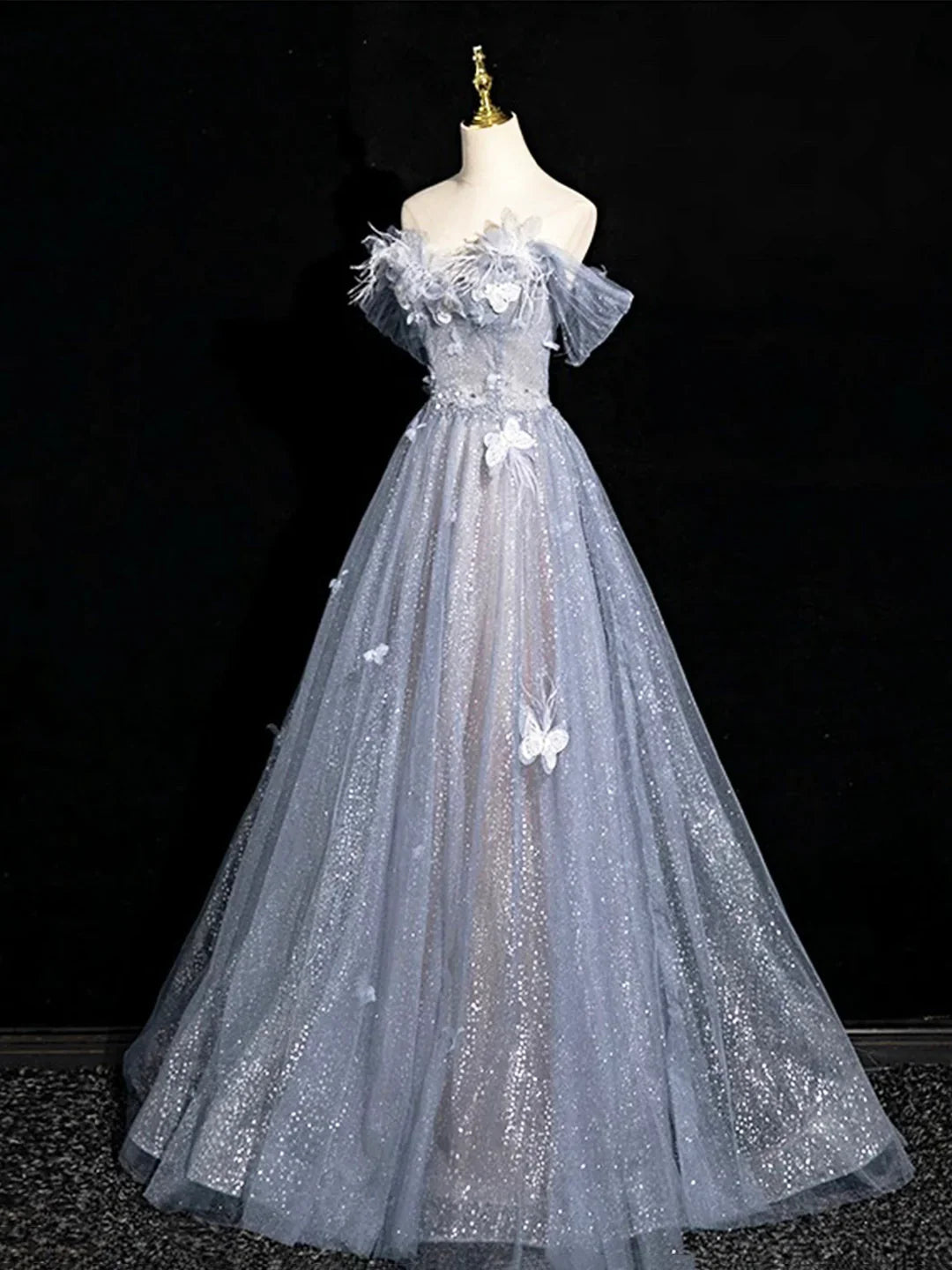 Gray Blue A-Line Tulle Lace Long Prom Dress Off the Shoulder Evening Party Dress, MD7850