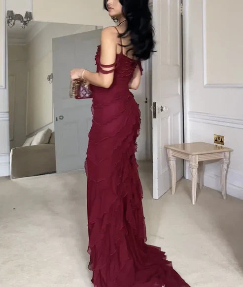 Wine Red Off Shoulder Straps Multi-layered Ruffles Long Prom Dress, MD7894