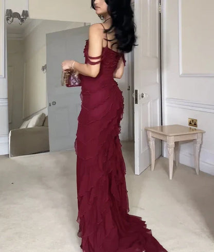 Wine Red Off Shoulder Straps Multi-layered Ruffles Long Prom Dress, MD7894